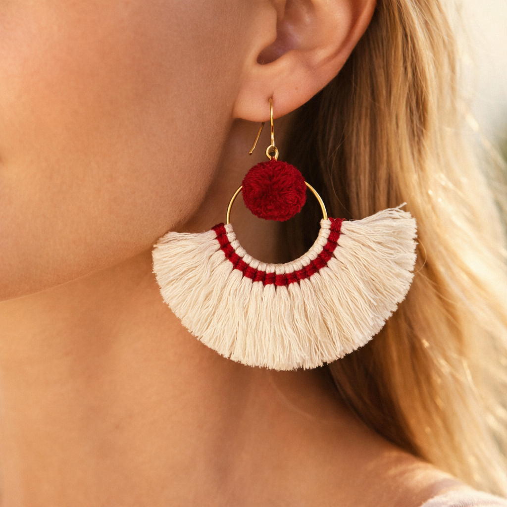 Half Moon Tassel Earrings Boho Cotton Fringe Earrings Fair Trade - Thailand