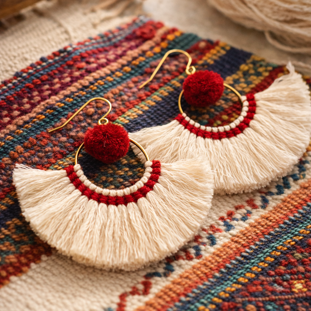 Half Moon Tassel Earrings Boho Cotton Fringe Earrings Fair Trade - Thailand
