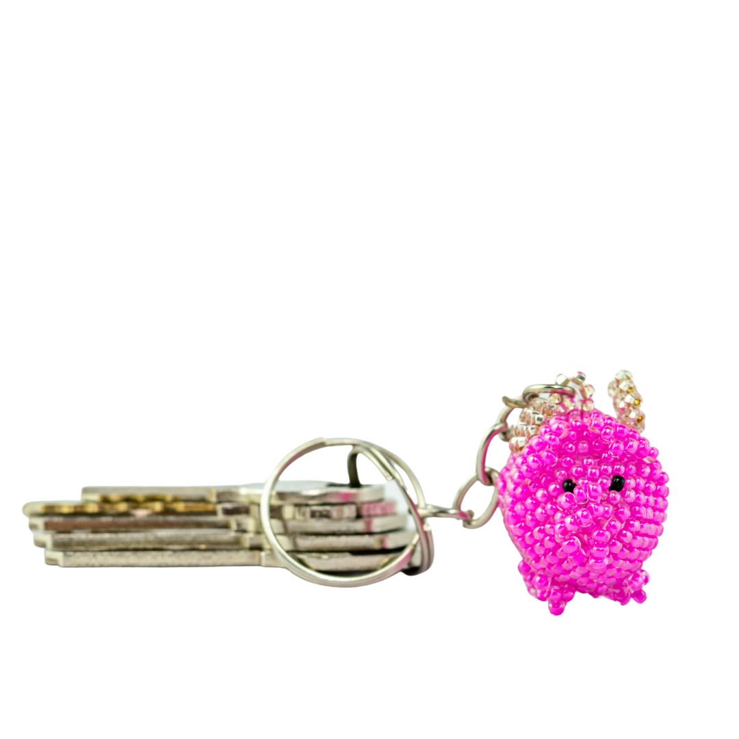 Flying Pig Seed Bead Pink Handmade Keychain - Guatemala