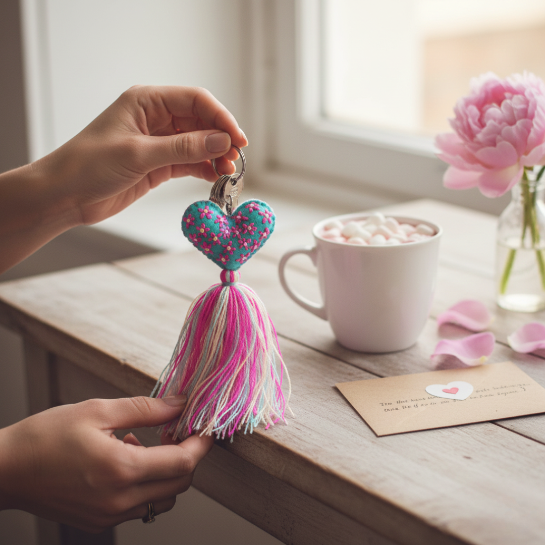 Embroidered Love Heart Tassel Keychain - Mexico