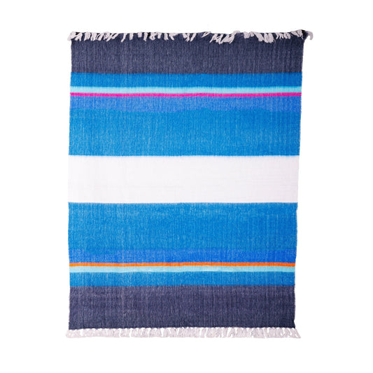 Handwoven Alpaca Throw Blanket From Ecuador - Vibrant Blues, Hot Pink, Orange & White - Kallpa Collection