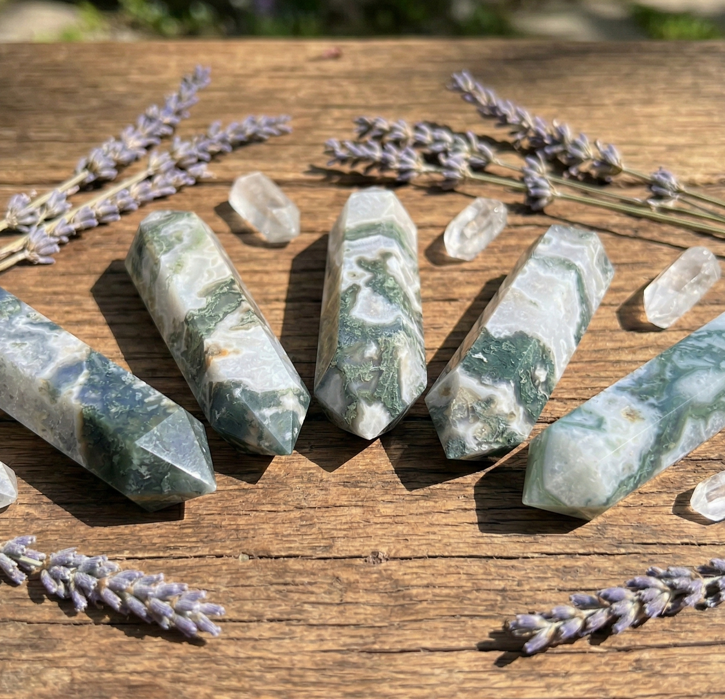Large Moss Agate Double Point Crystal Carving