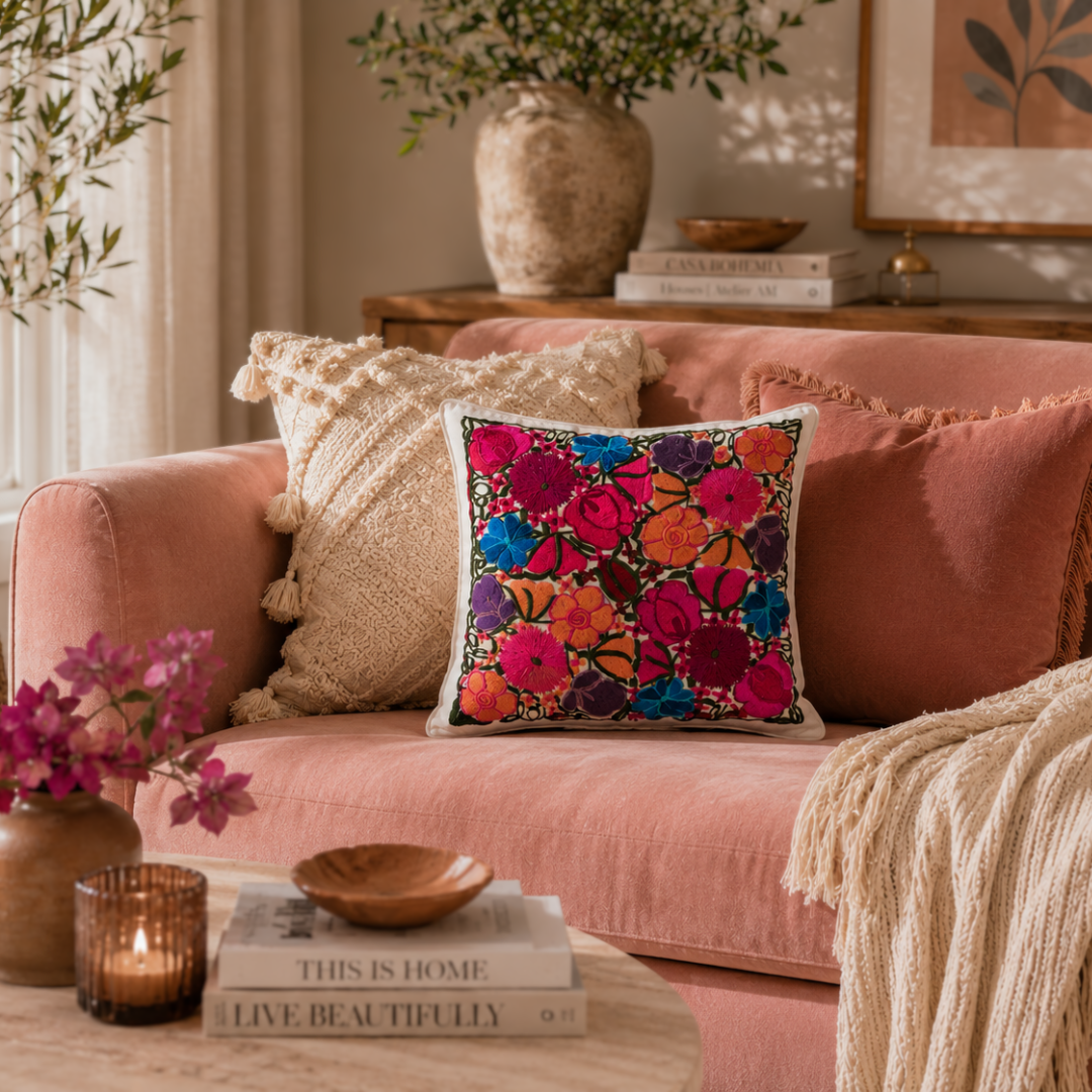 Flower Fields Embroidered Pillow Cover - Guatemala