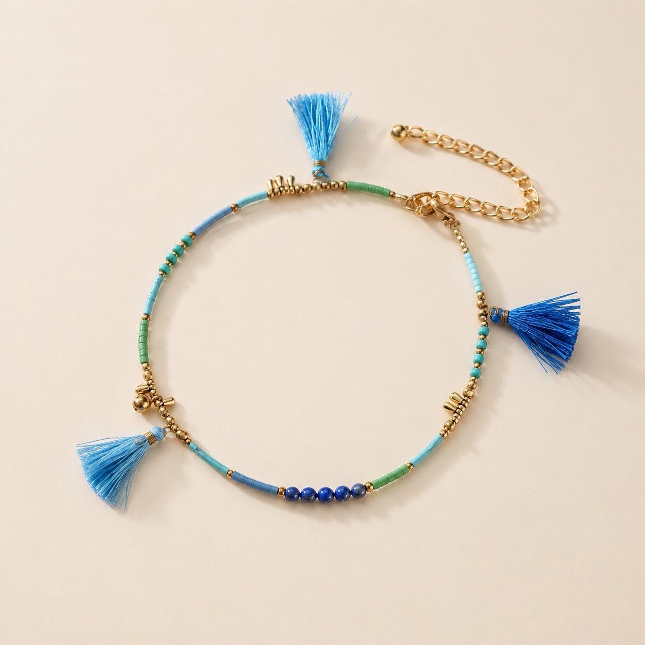 Penelope Turquoise Beaded Tassel Anklet | Handmade - Thailand