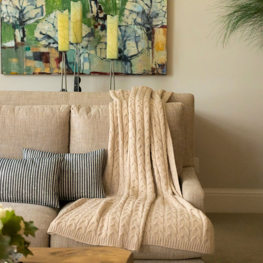 Handloomed Peruvian Pima Cotton & Undyed Baby Alpaca Light Tan Cable Throw Blanket - Muru Collection