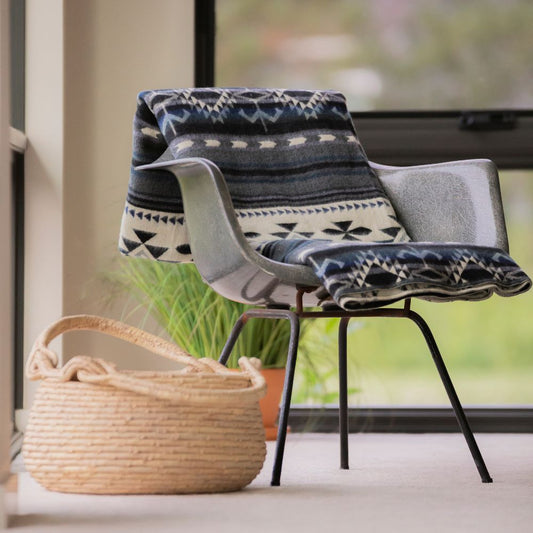 Handwoven Reversible Geometric Blue Gray & Cream Alpaca Throw Blanket - Yachana Collection
