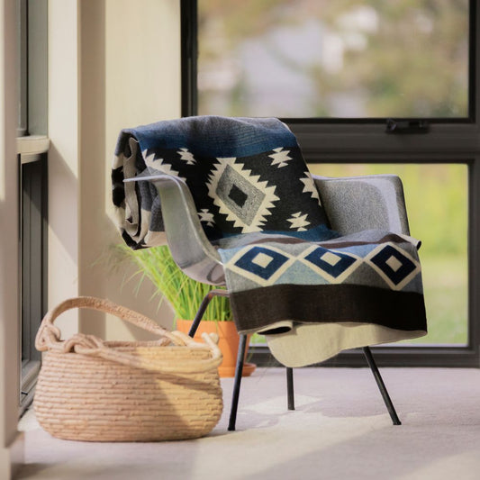 Handwoven Reversible Diamond Dark Blue Gray & Black Alpaca Throw Blanket - Yachana Collection