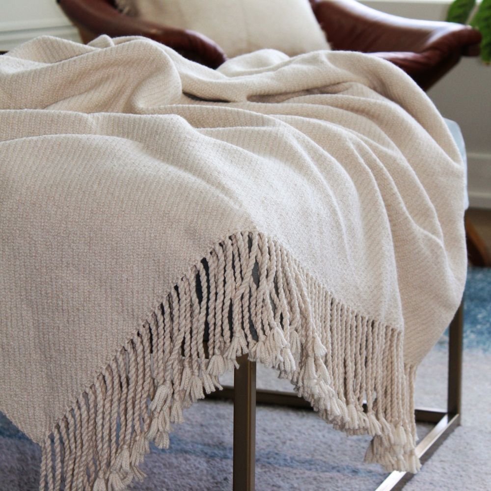 Handloomed Undyed Baby Alpaca & Peruvian Pima Cotton Ivory Throw Blanket From Peru - Kulsi Collection