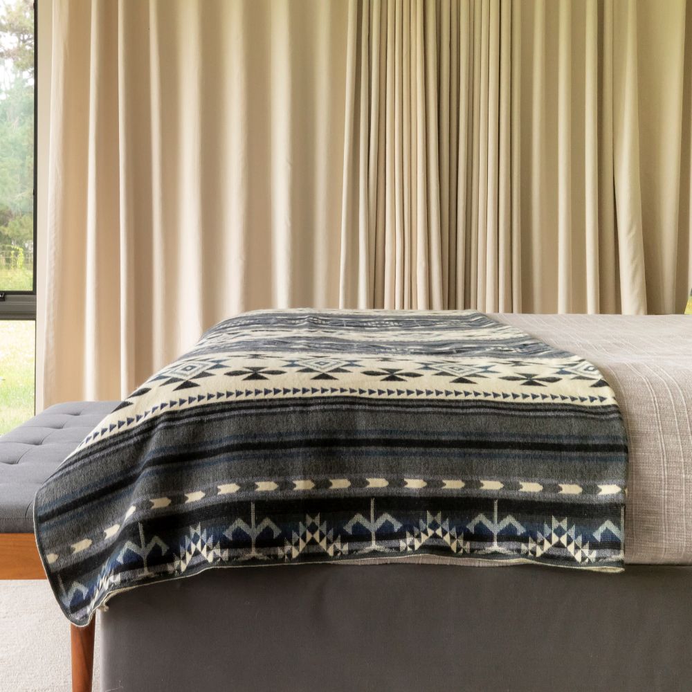 Handwoven Reversible Geometric Blue Gray & Cream Alpaca Throw Blanket - Yachana Collection