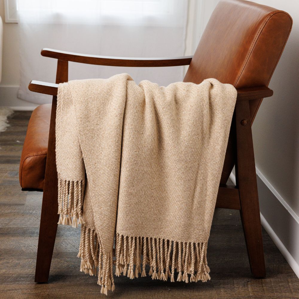 Handloomed Undyed Baby Alpaca & Peruvian Pima Cotton Light Tan Throw Blanket From Peru - Kulsi Collection