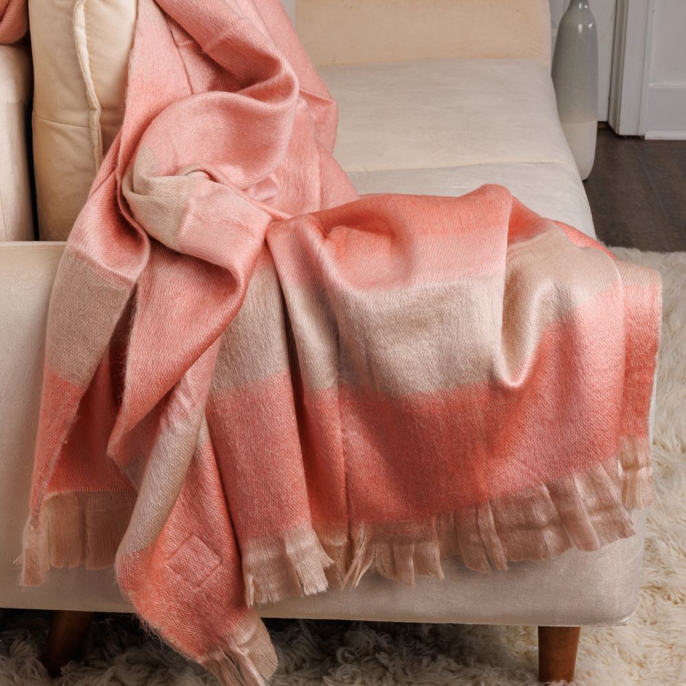 Handwoven Alpaca Throw Blanket From Ecuador - Faded Coral with Eyelash Trim - Kallpa Collection