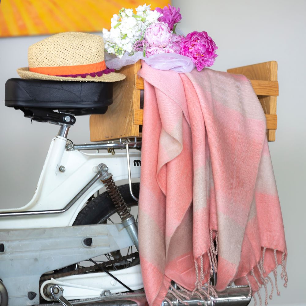 Handwoven Alpaca Throw Blanket From Ecuador - Faded Coral with Braided Fringe - Kallpa Collection