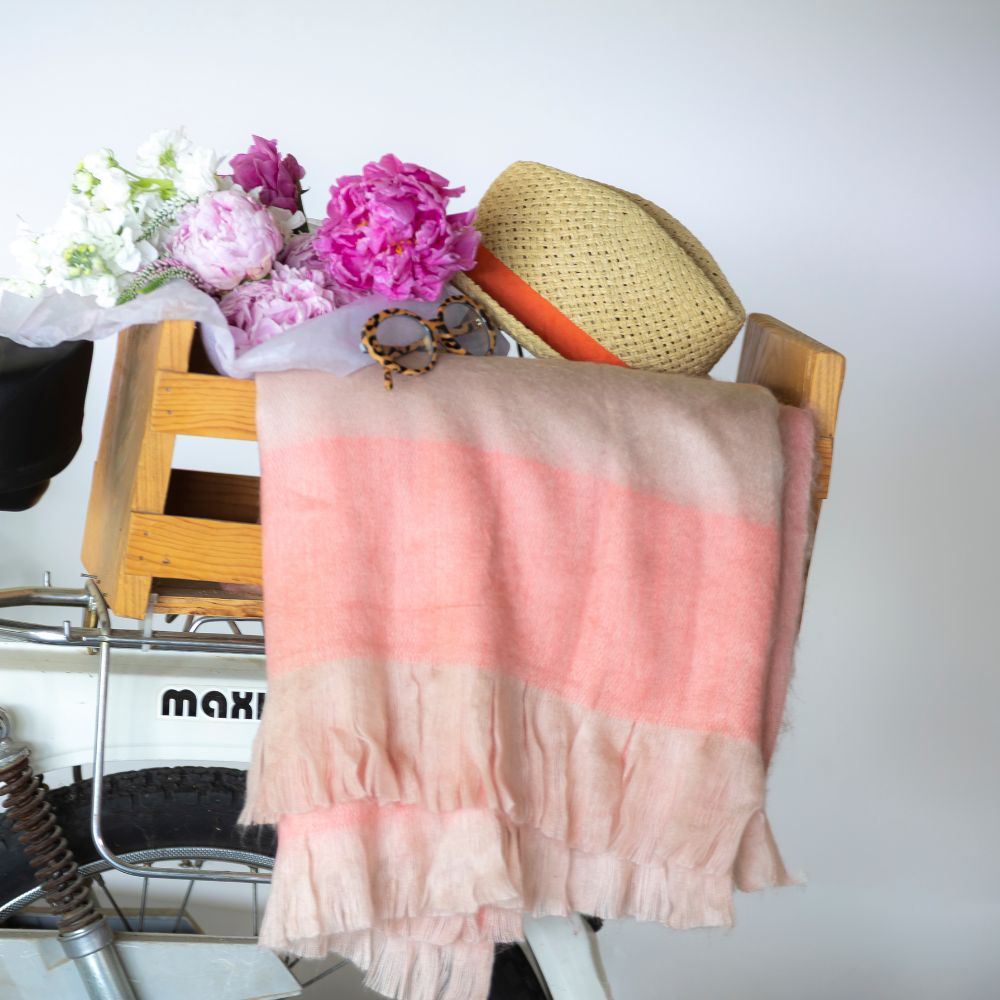 Handwoven Alpaca Throw Blanket From Ecuador - Faded Coral with Eyelash Trim - Kallpa Collection
