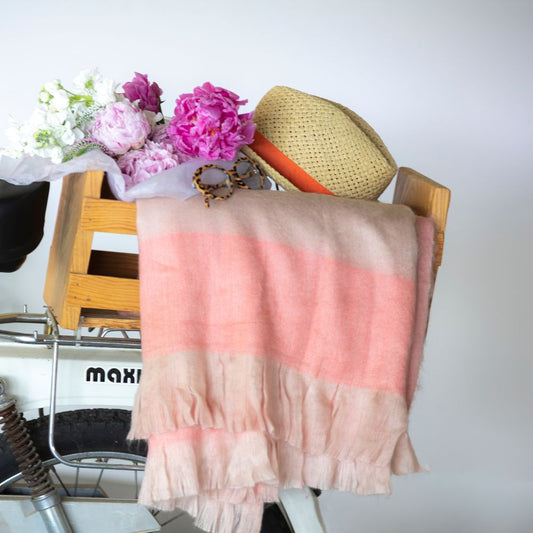 Handwoven Alpaca Throw Blanket From Ecuador - Faded Coral with Eyelash Trim - Kallpa Collection