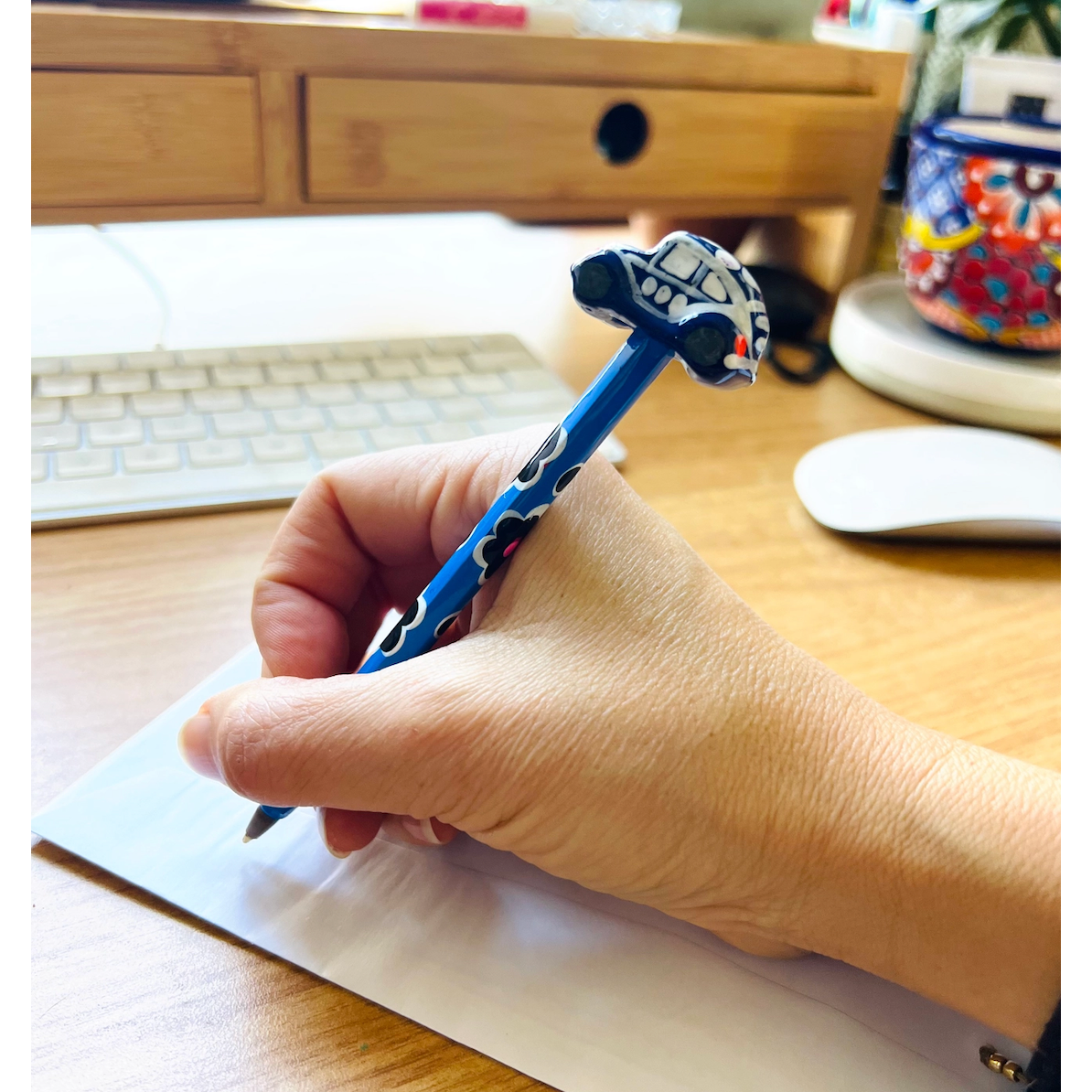 Hand-Painted VW Bug Ceramic Car Ink Pen | Van Flower Pen - Mexico