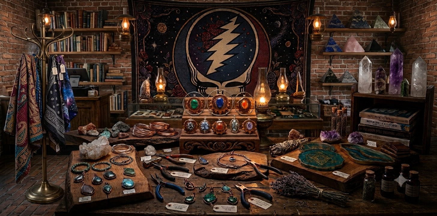 A highly detailed, atmospheric product display of a gothic occult shop interior. The scene features a large Grateful Dead-style lightning-bolt tapestry hanging on a brick wall, with shelves and tables displaying crystals, amethyst towers, tarot cards, jewelry, and mystical artifacts under warm hanging lights.