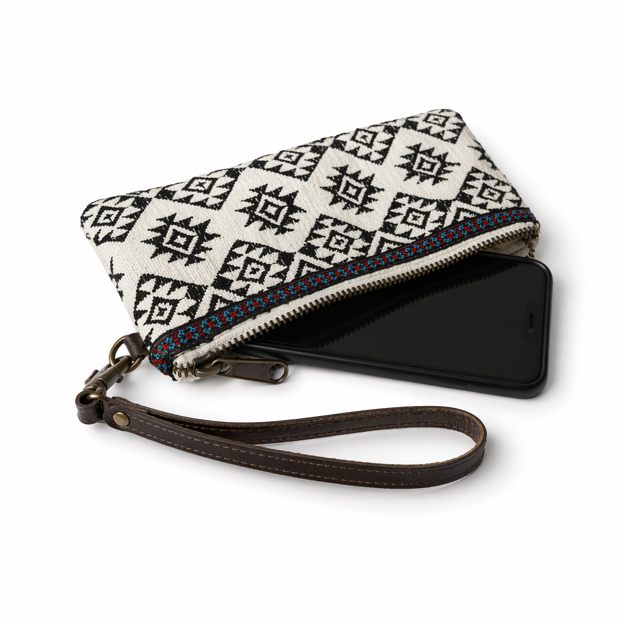 Geometric Embroidered Wristlet Bag with Leather Strap – Thailand