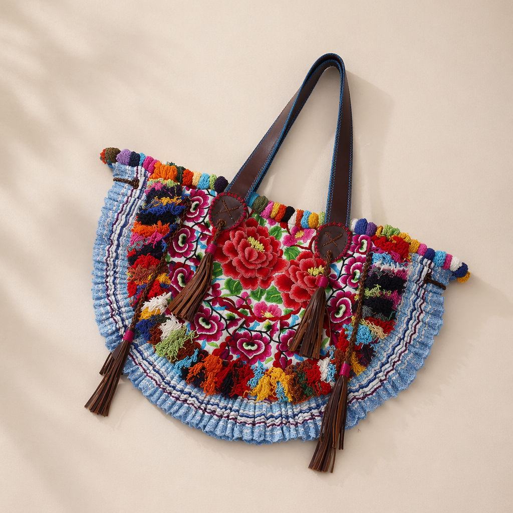 Embroidered Half Moon Ibiza Leather Tote Pom Pom Bag – Thailand