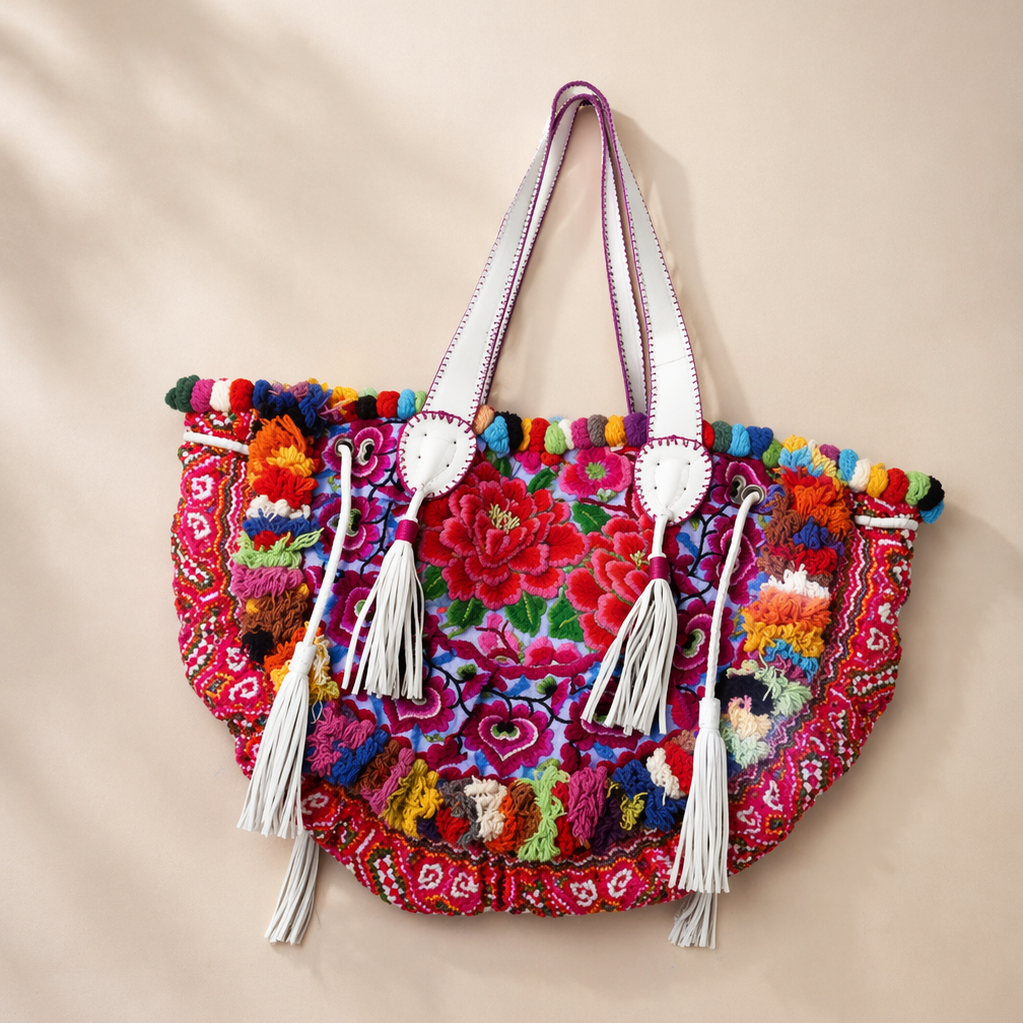 Embroidered Half Moon Ibiza Leather Tote Pom Pom Bag – Thailand