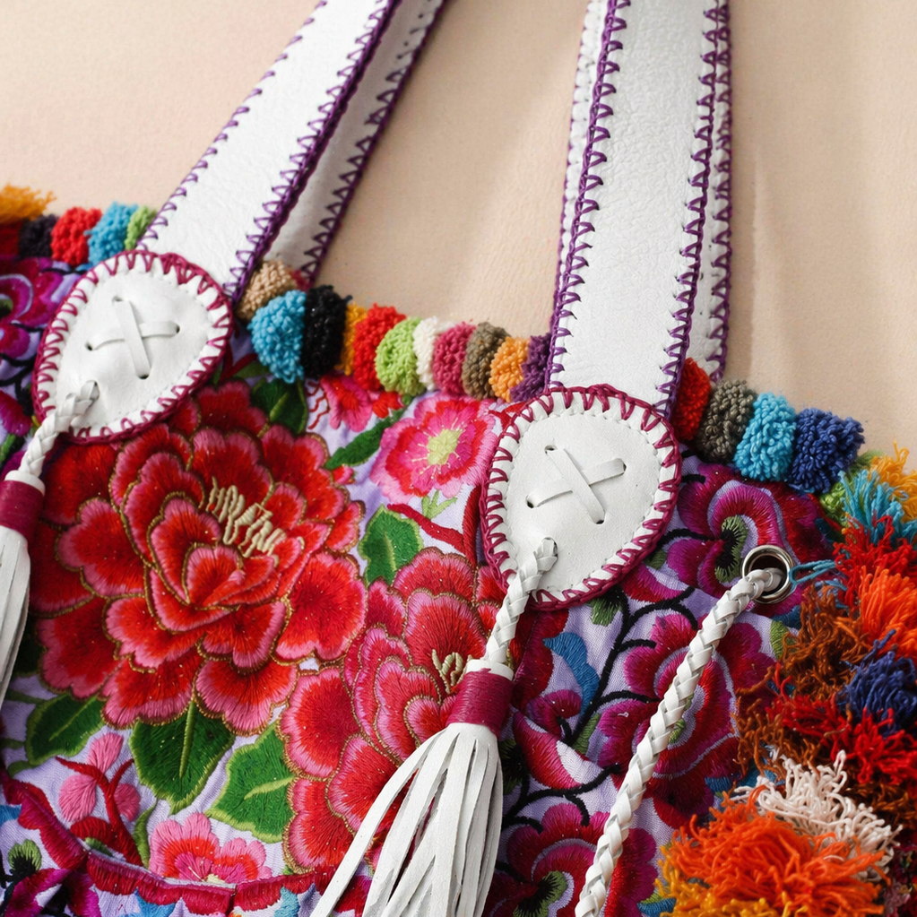 Embroidered Half Moon Ibiza Leather Tote Pom Pom Bag – Thailand