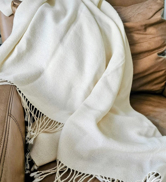 Handloomed Undyed Ivory 100% Baby Alpaca Throw Blanket From Peru - Wasi Collection