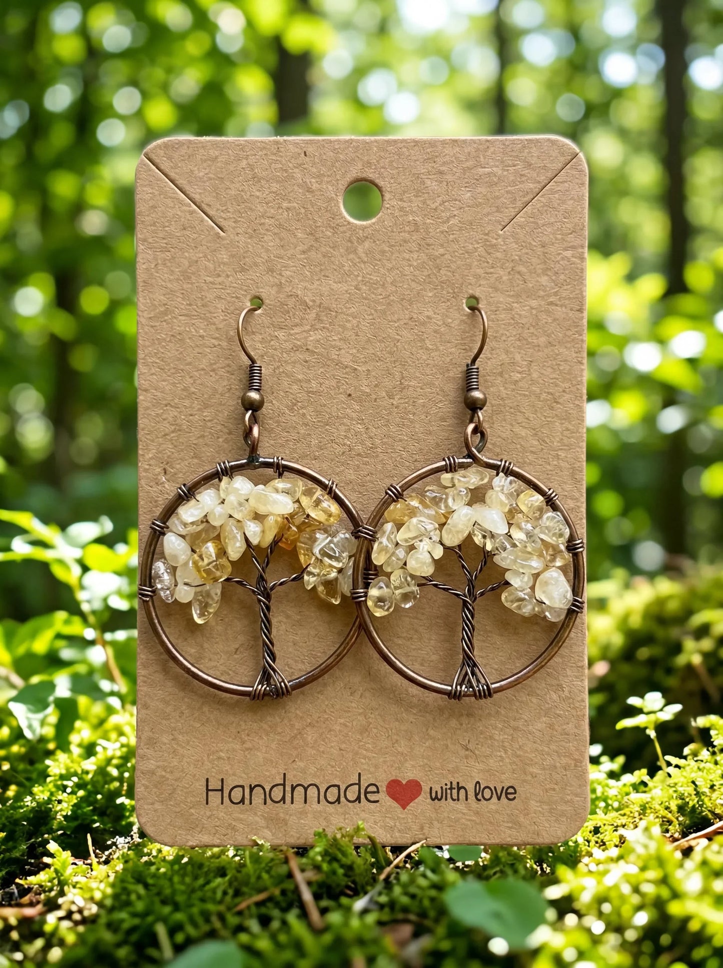 Wire Wrapped Tree of Life Earrings – Citrine Gemstone Boho Dangle Earrings – Handmade Crystal Jewelry Gift for Her