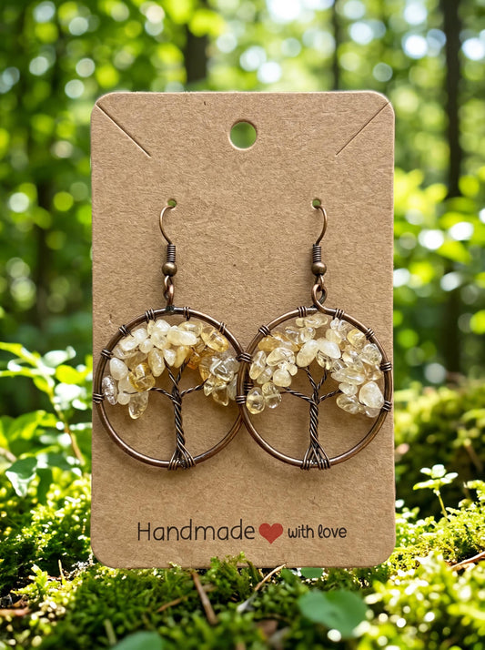 Wire Wrapped Tree of Life Earrings – Citrine Gemstone Boho Dangle Earrings – Handmade Crystal Jewelry Gift for Her