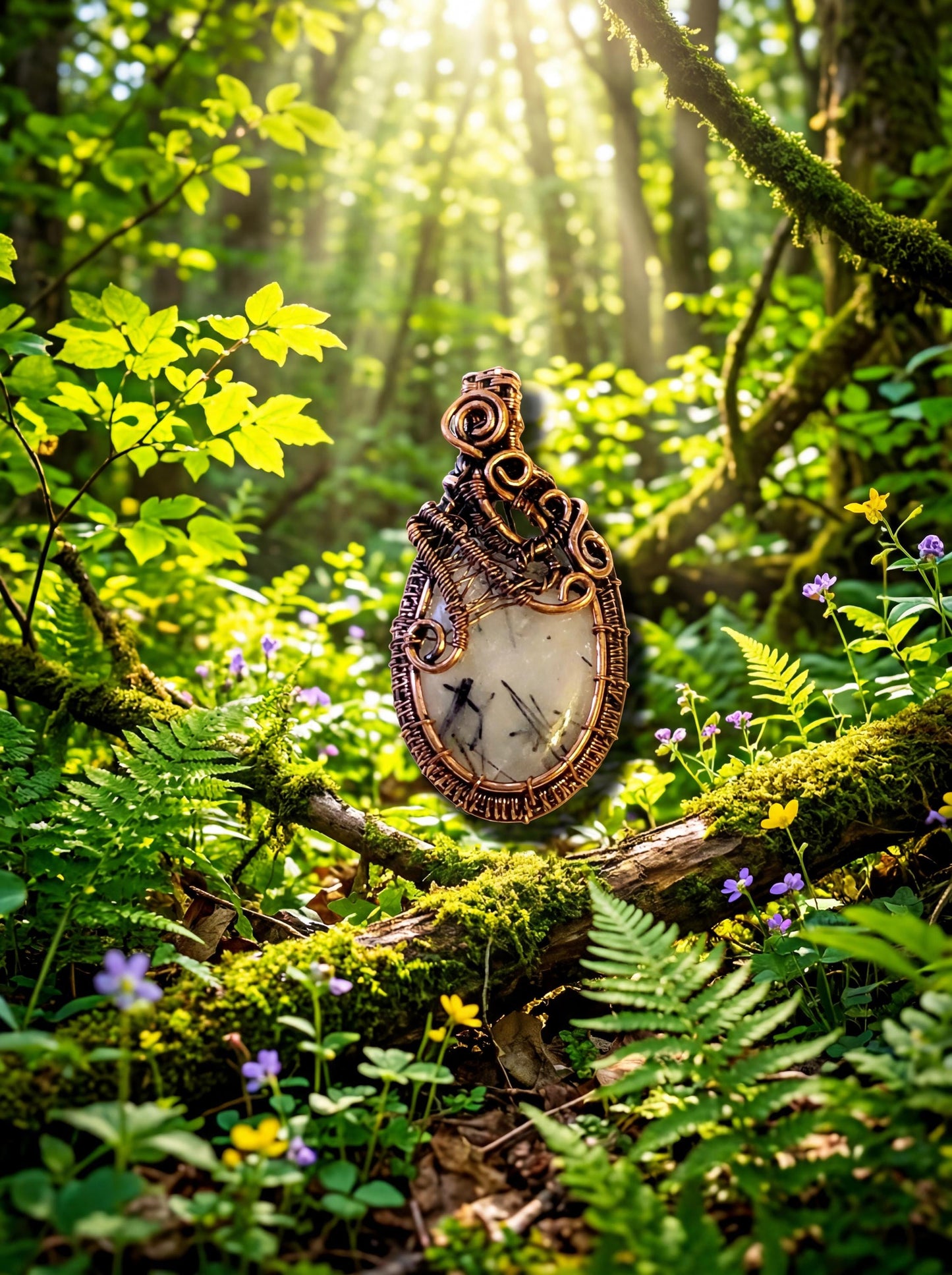 Wire Wrapped Tourmalinated Quartz Wildroot Spirit Pendant, Forest Spirit Jewelry, Boho Crystal Necklace