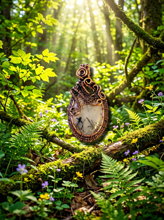 Wire Wrapped Tourmalinated Quartz Wildroot Spirit Pendant, Forest Spirit Jewelry, Boho Crystal Necklace