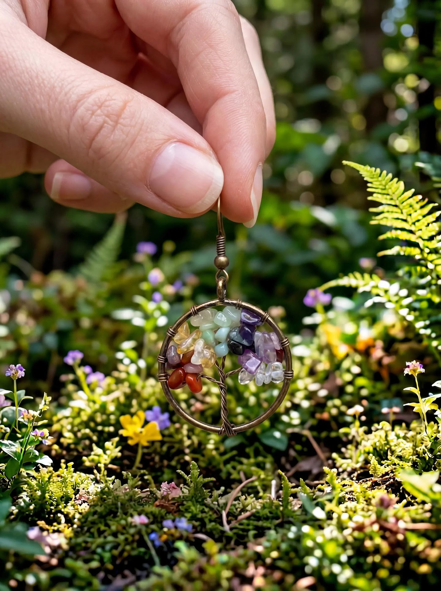 Wire Wrapped Tree of Life Earrings – Rainbow Tourmaline Boho Dangle Earrings – Handmade Colorful Crystal Jewelry Gift for Her