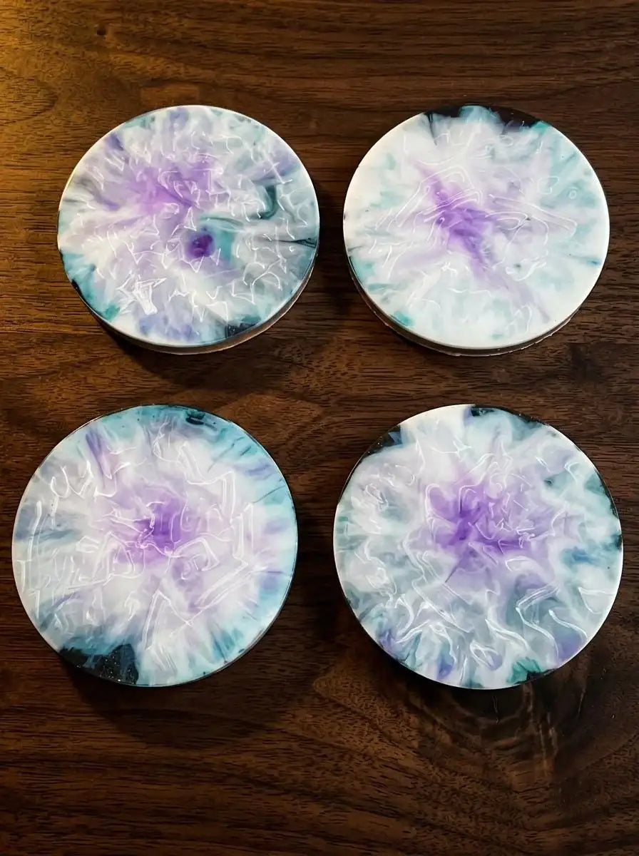 Milky Cloud Resin Coasters with Holder | Blue Purple Swirl Art Set