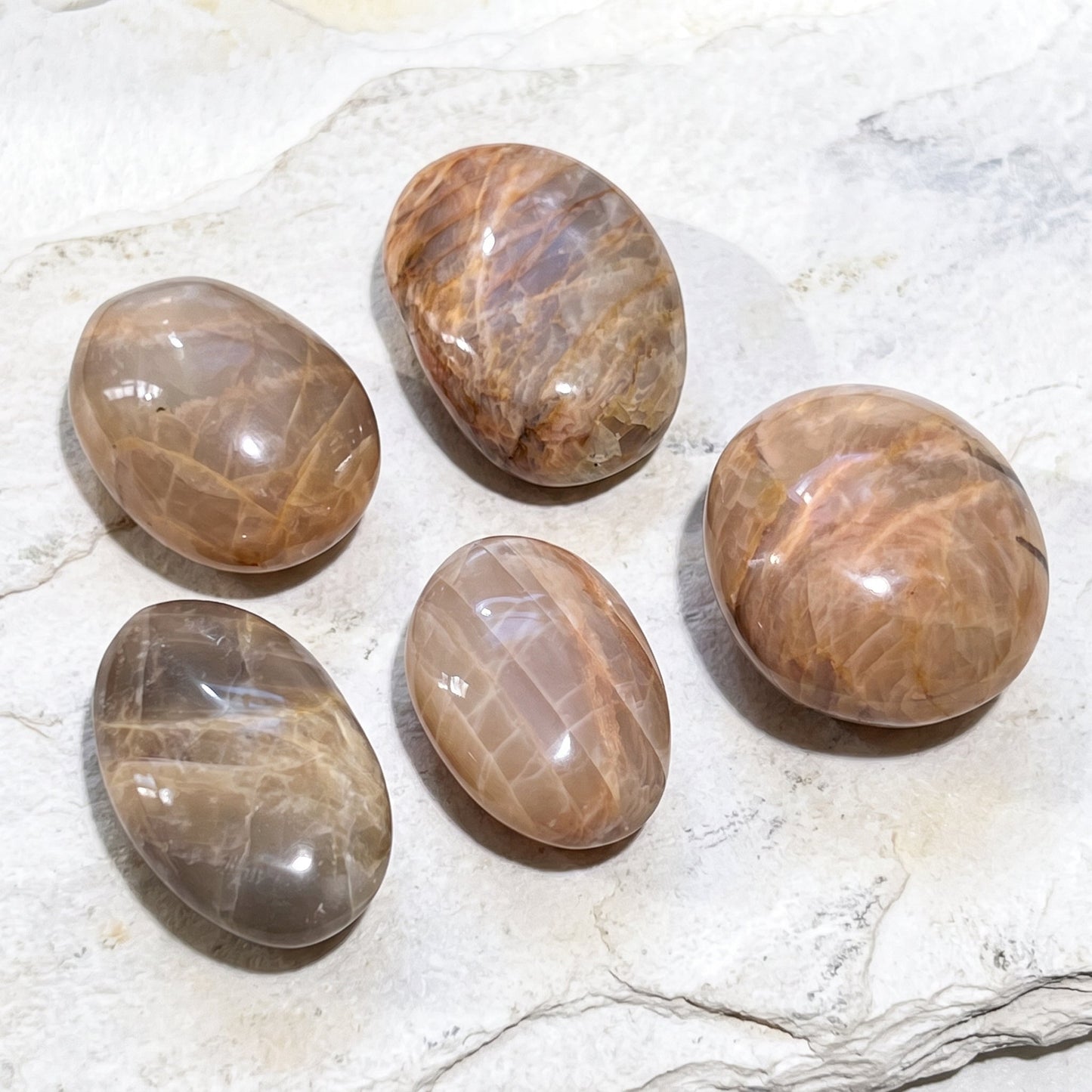 Peach Moonstone Flashy Palm Stone Carving