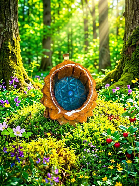 Teal Flower of Life Pinecone Pendant with Labradorite Center | Handmade PNW Jewelry | #100