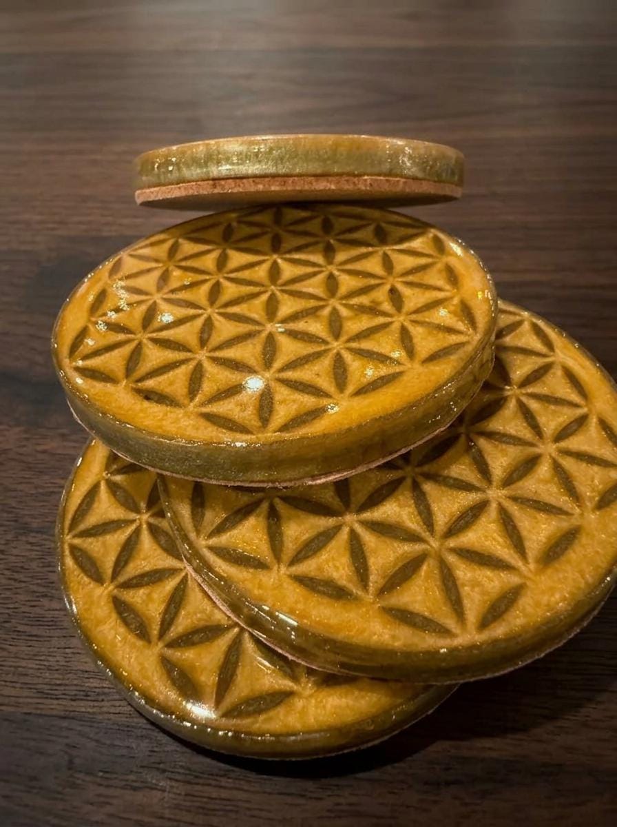 Yellow and Green Flower of Life Coasters | Resin Art | Sacred Geometry | Drink Coasters