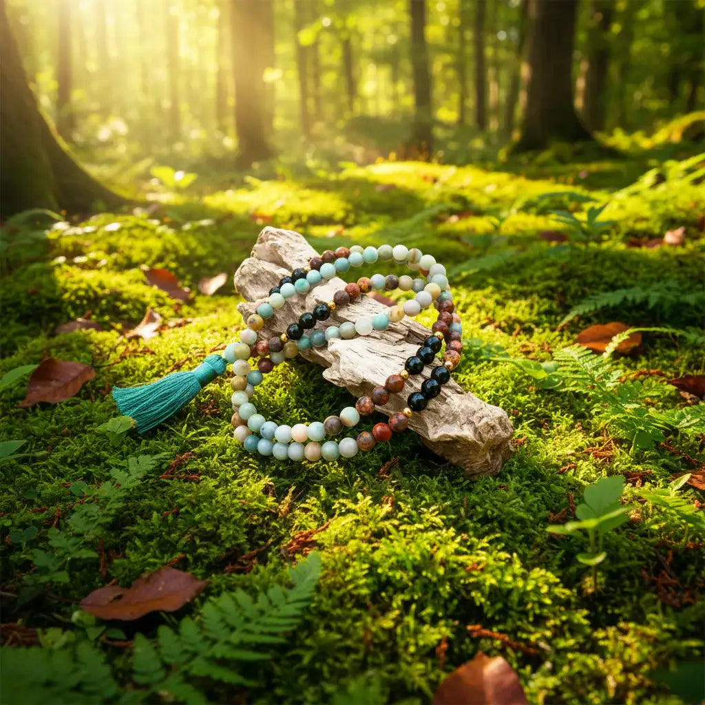 Amazonite Black Onyx Red Howlite Mala Necklace
