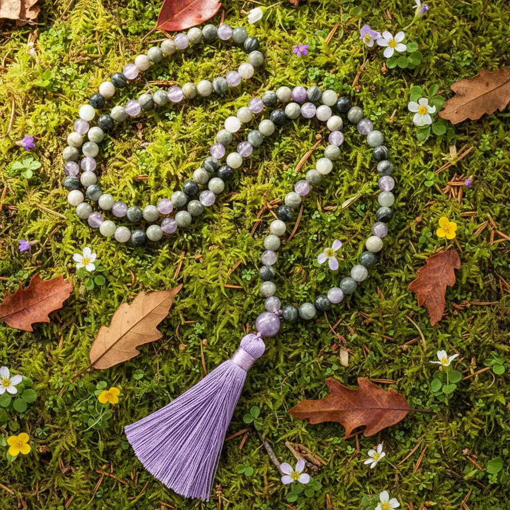 Labradorite  & Grey Agate Mala Bead Necklace: Knotted Mala Necklace