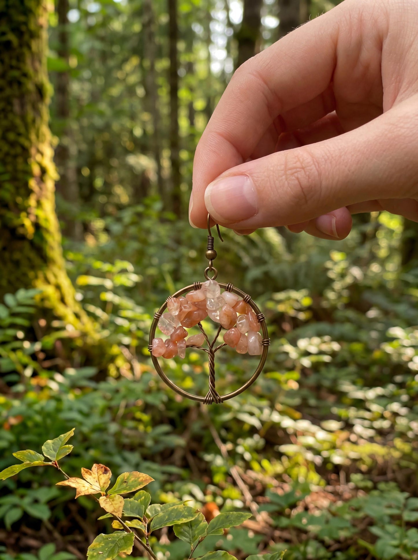 Wire Wrapped Tree of Life Earrings – Peach Sunstone Boho Dangle Earrings – Handmade Crystal Jewelry Gift for Her