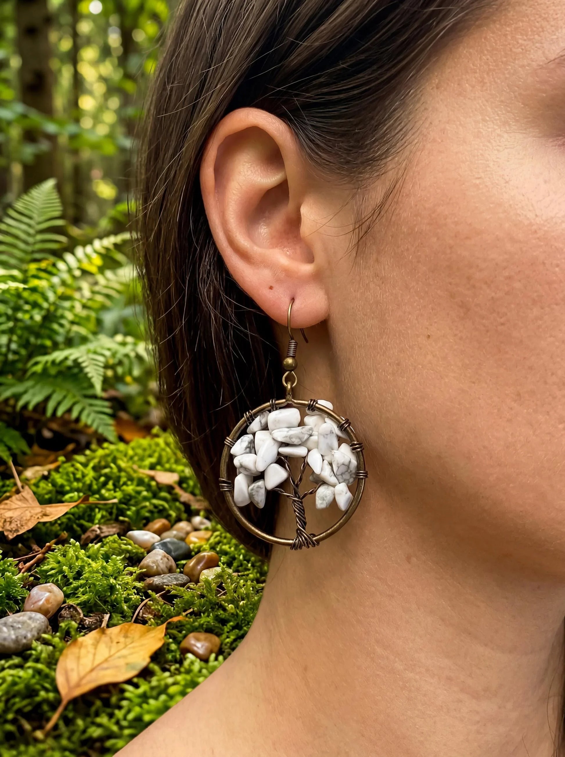 Wire-wrapped tree of life earring with white stone chips, nature-inspired boho jewelry