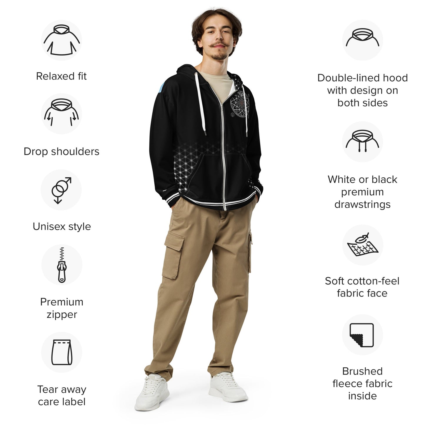 Quantum Bloom Sacred Geometry Unisex Zip Hoodie