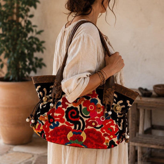 Artista Applique Textile Unique Leather Shoulder Handbag Tote - Thailand