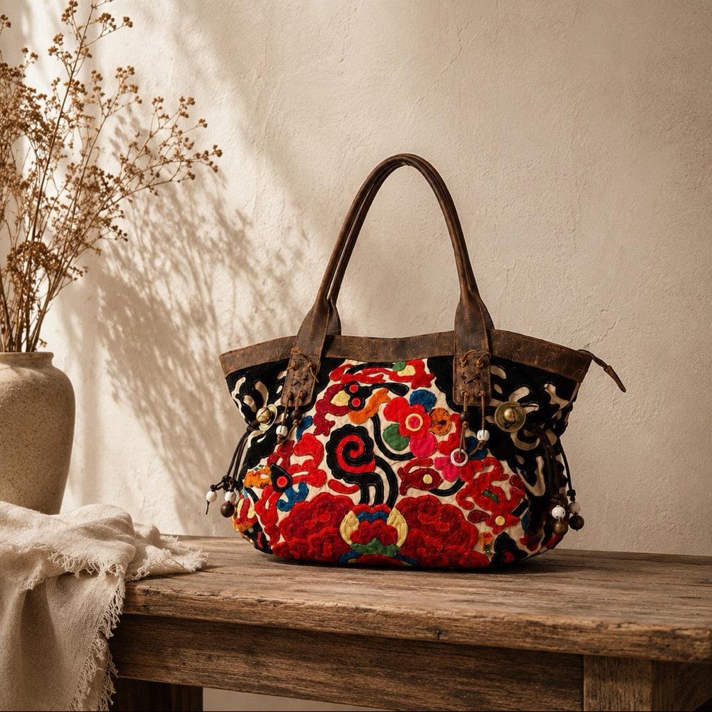 Artista Applique Textile Unique Leather Shoulder Handbag Tote - Thailand
