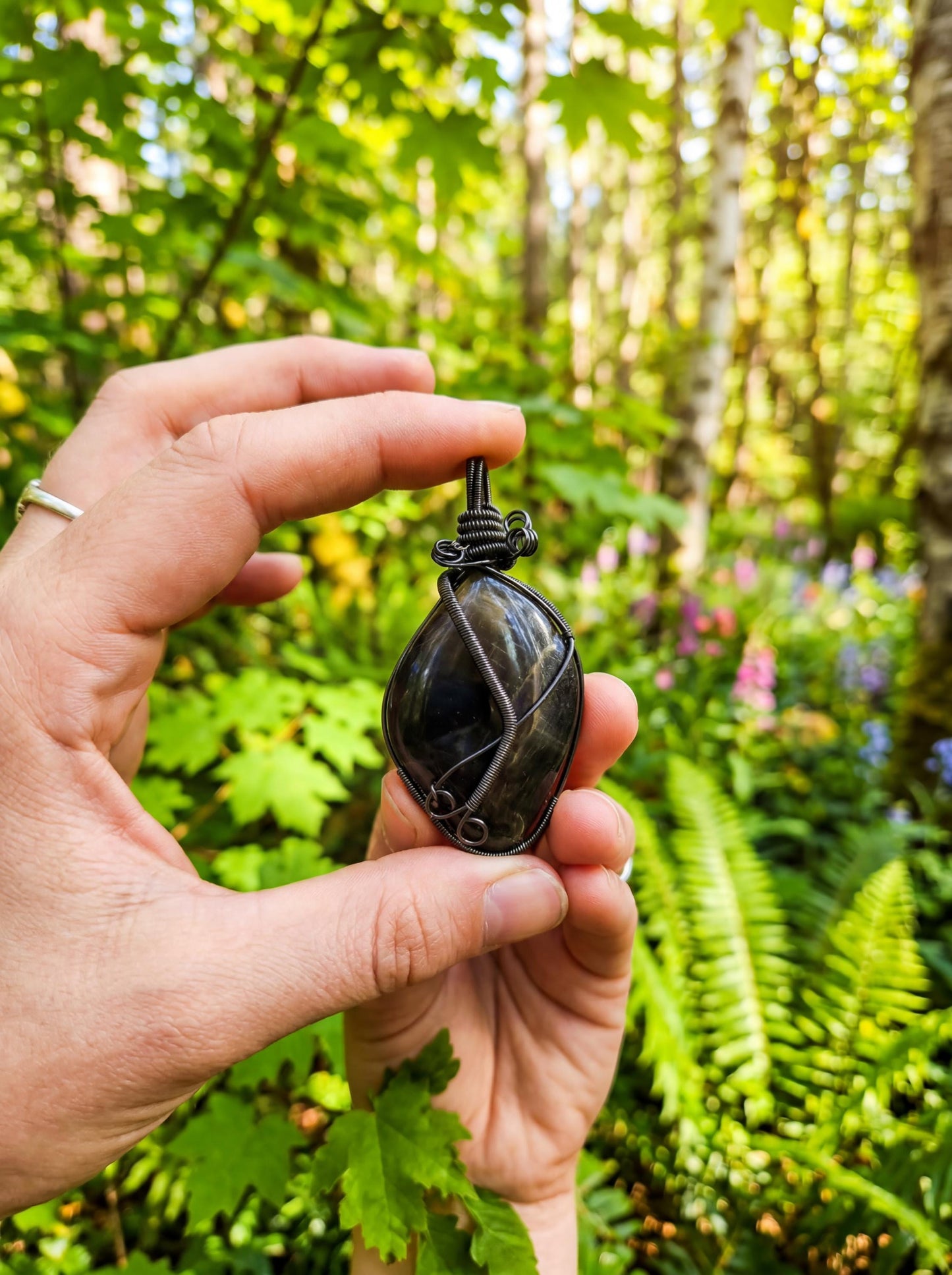 Wire Wrapped Obsidian Root Pendant – Black Crystal Necklace, Handmade Dark Gemstone Jewelry, Grounding Stone