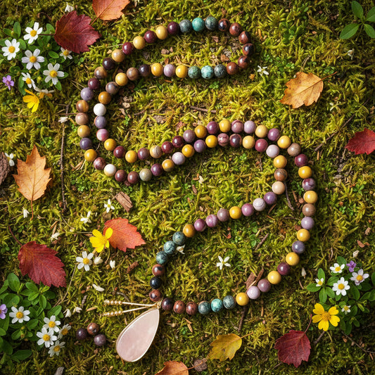 Mookaite and African Turquoise Mala Necklace with Pendant: Knotted Mala Necklace