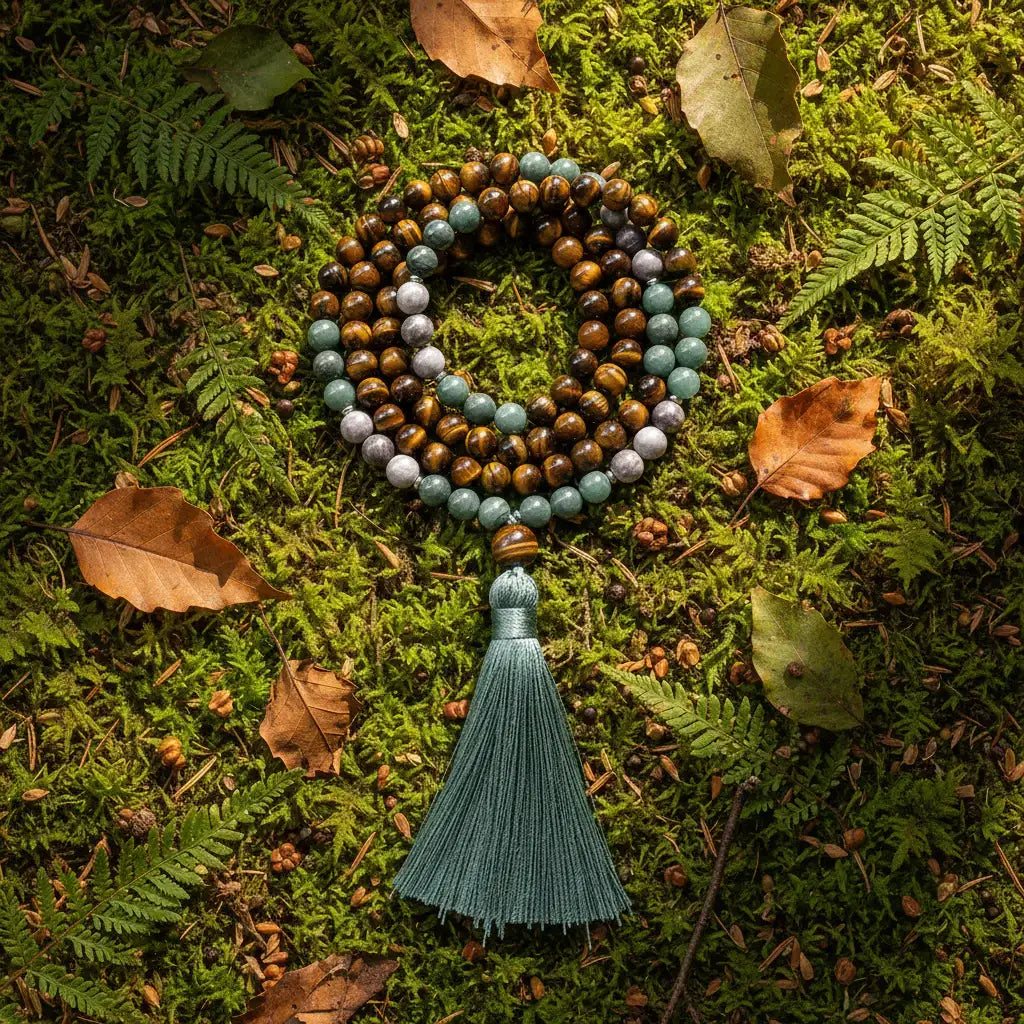 Tiger’s Eye and Green Jade Mala Bead Necklace: Knotted Mala Necklace