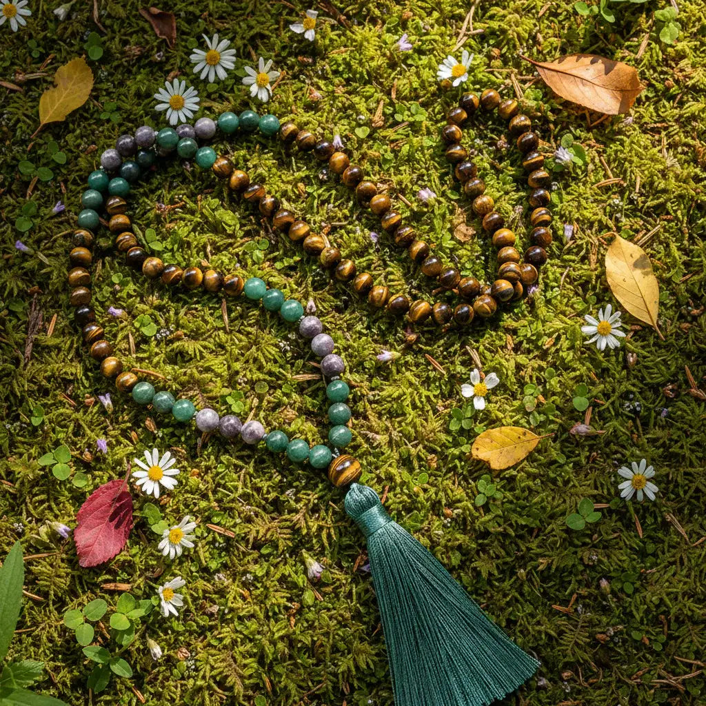 Tiger’s Eye and Green Jade Mala Bead Necklace: Knotted Mala Necklace