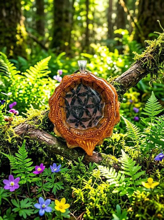 Black Flower of Life with Color UV Pinecone Pendant