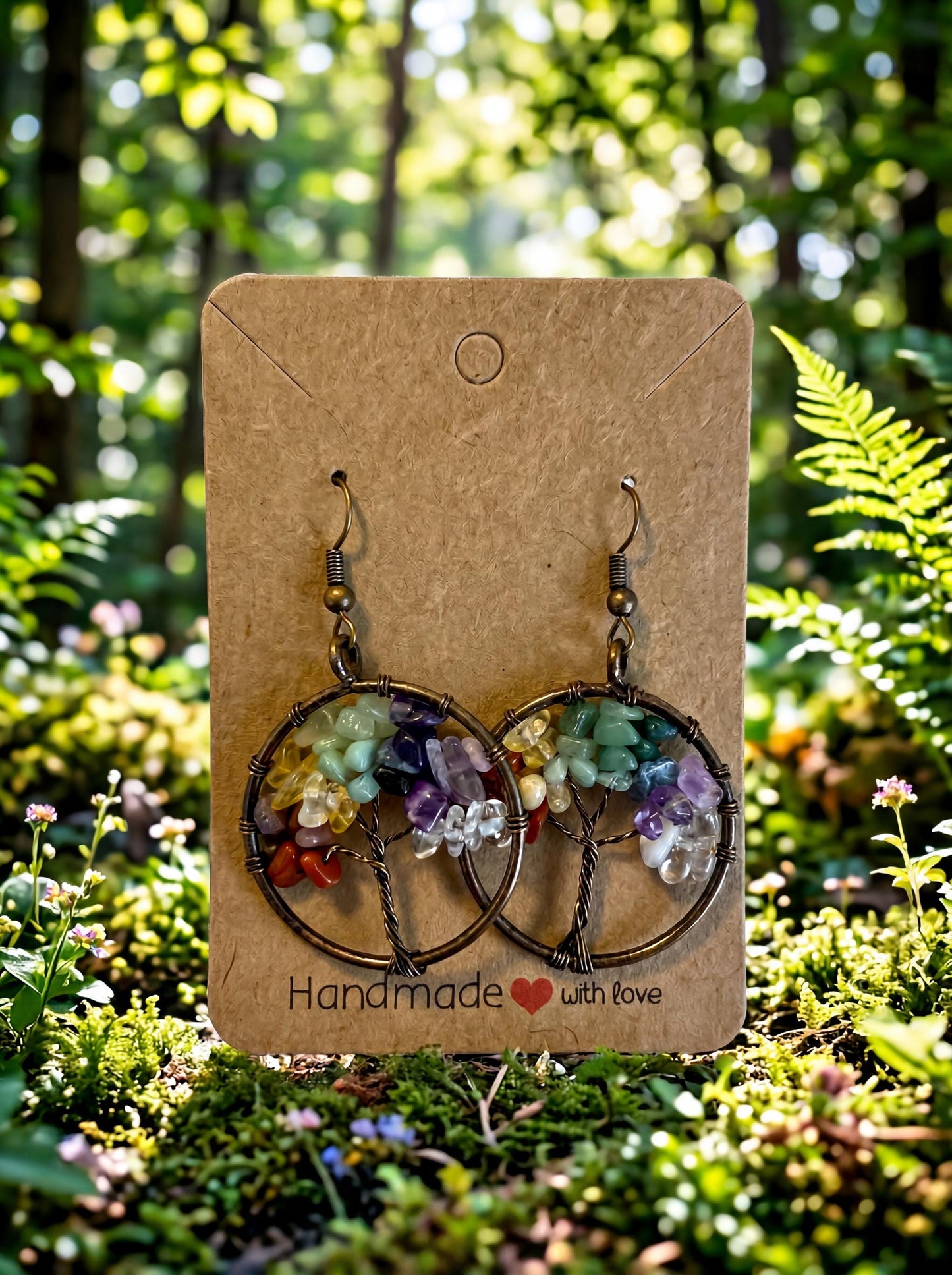 Wire Wrapped Tree of Life Earrings – Rainbow Tourmaline Boho Dangle Earrings – Handmade Colorful Crystal Jewelry Gift for Her