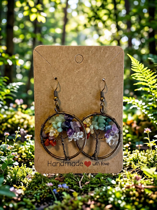 Wire Wrapped Tree of Life Earrings – Rainbow Tourmaline Boho Dangle Earrings – Handmade Colorful Crystal Jewelry Gift for Her