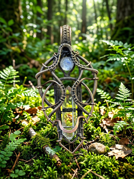 Wire Wrapped Crystal Pendant | Steampunk Forest Arcane Talisman Necklace