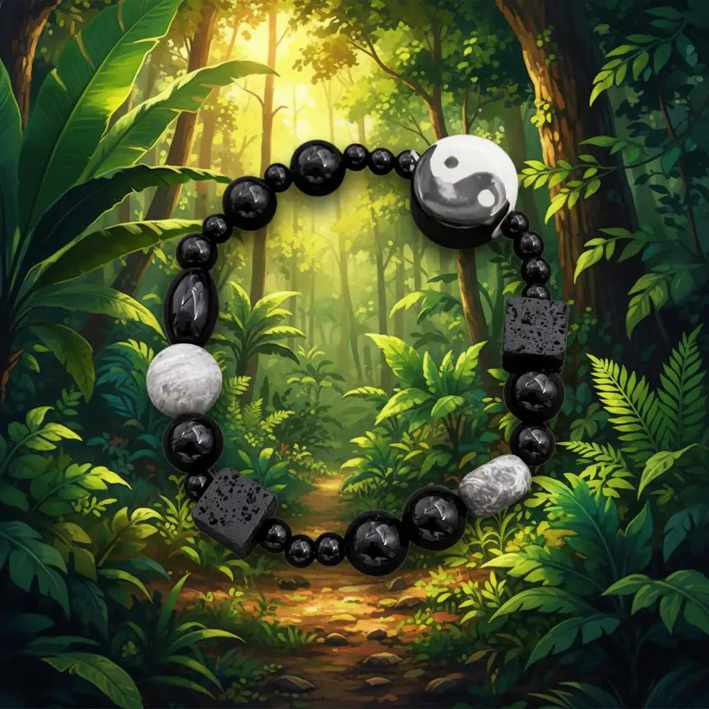 Bagua & Eight Trigrams Black Onyx Stone Beaded Bracelet - CS